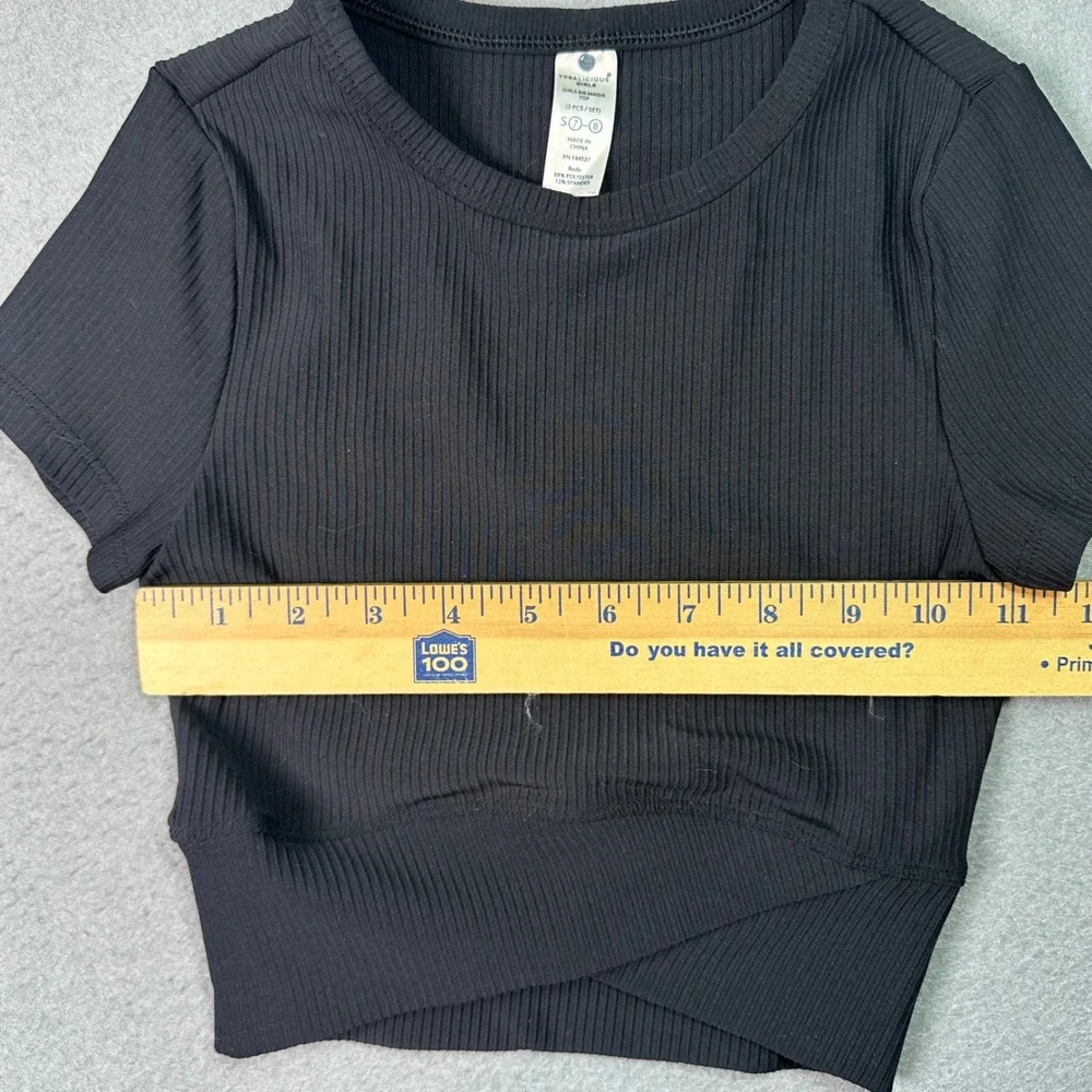 Yogalicious Girls Rib Maisie Top Black Crossover Athletic Crop Shirt Size 7-8